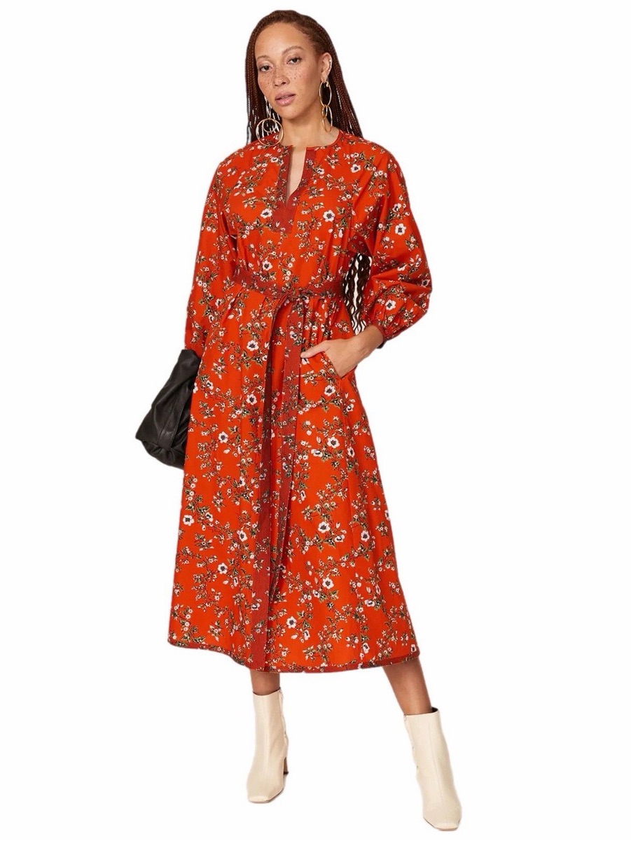 Tory Burch Printed Tie Sleeve Rust Lyonnaise Floral Tunic Dress Size 12